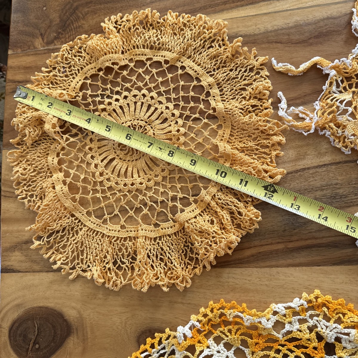 Vtg Doily Lot Of 8 Orange White doilies Different Sizes hand