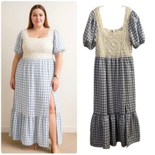 Asos Curve Blue White gingham maxi dress crochet back size 14 