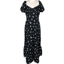 Oliver Bonas 100% Cotton Black Daisy Long Dress Puff Sleeve Square Neck UK 10