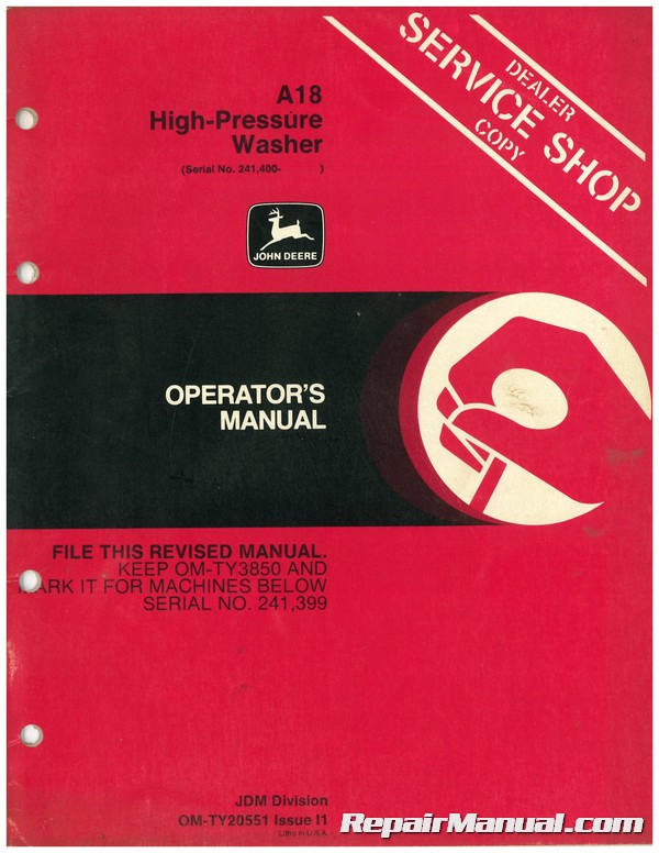 Used John Deere A18 High Pressure Washers Operators Manual | eBay