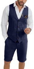 HUEZOE Mens Linen Suit Slim Fit Short Navy Blue Suit for Men Casual Summer Beach
