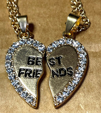 Best Friends Heart Pendant Necklace Gold Tone Rhinestone 2 Piece Set