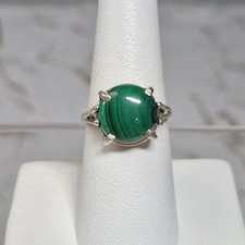 Vintage Sterling Silver 925 Round Malachite Green Cabochon Ring Sz 7.75