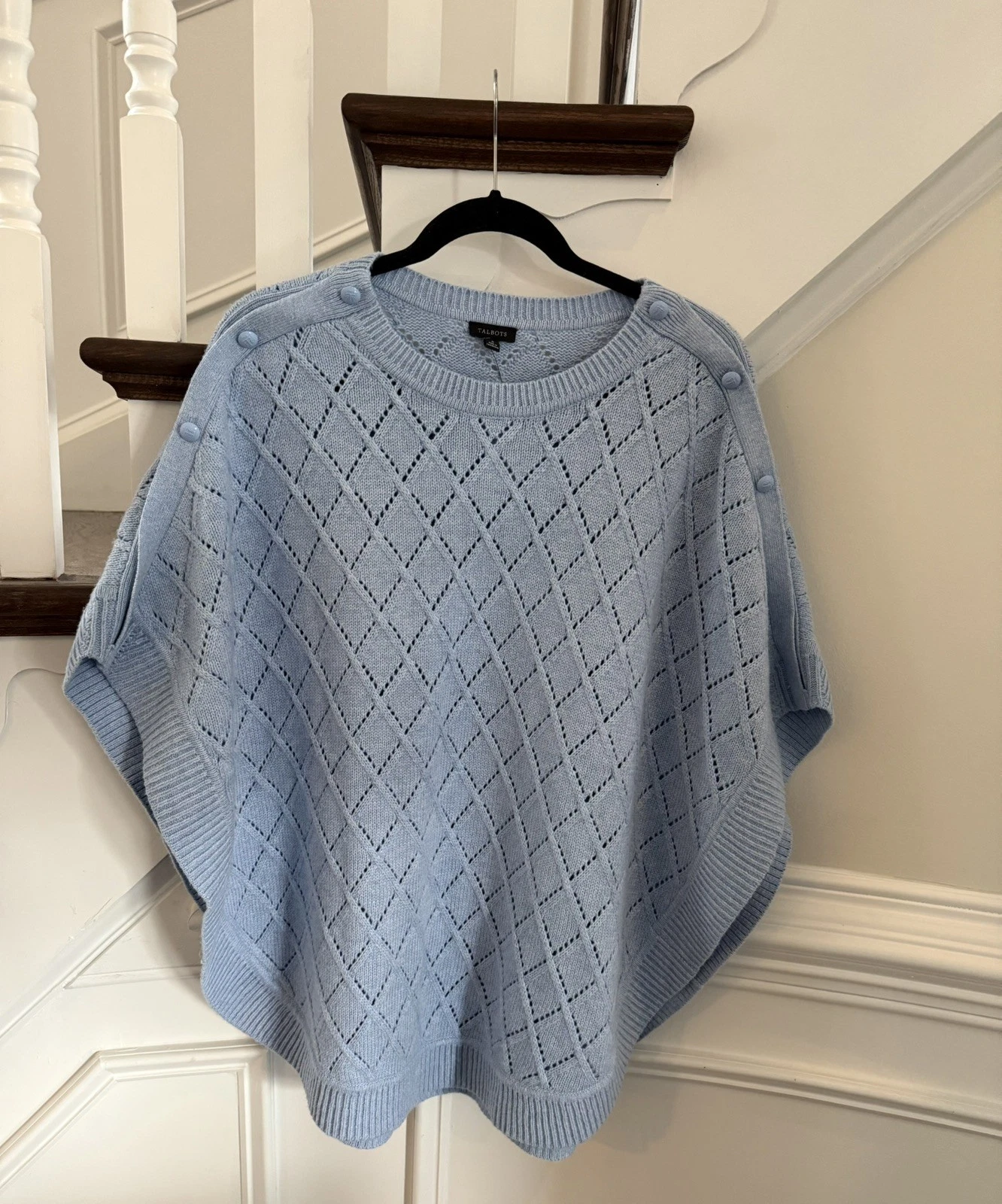 NWT TALBOTS Light Blue Poncho Sz Small Button Detail Basket Weave Cotton Blend