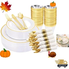 210 Piece Gold Plastic Dinnerware Set, Include: 30 Dinner Plates, 30 Dessert ...