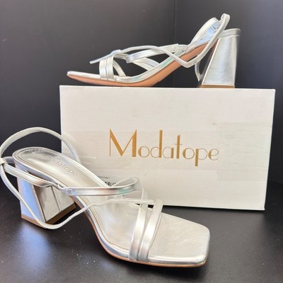 Modatope Silver Metallic Strappy Square Toe Block Heel Sandals Womens 6.5