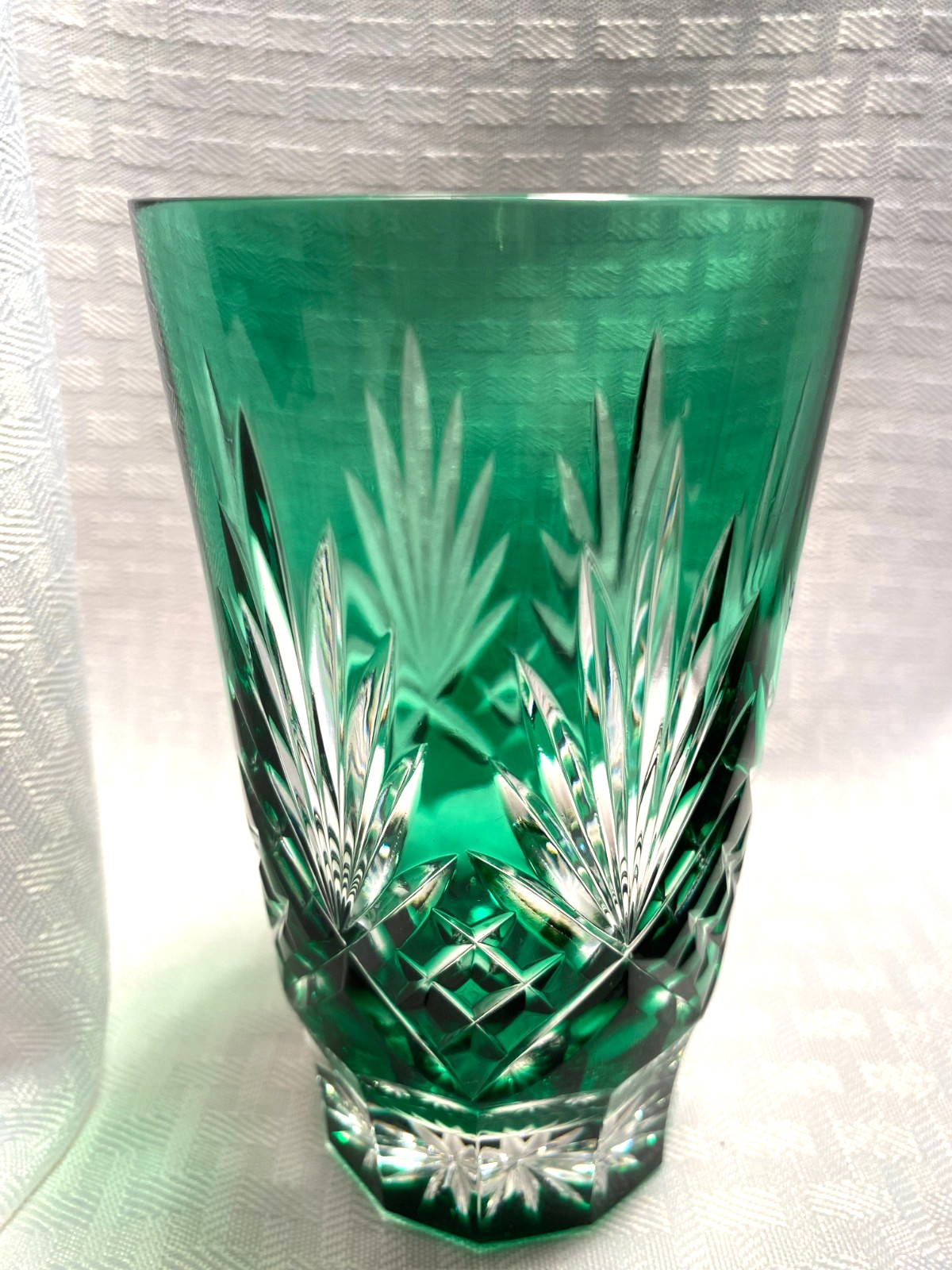 AJKA CAROLYNE HIGHBALL GLASS EMERALD GREEN CUT TO CLEAR CRYSTAL HUNGARY BOHEMIAN