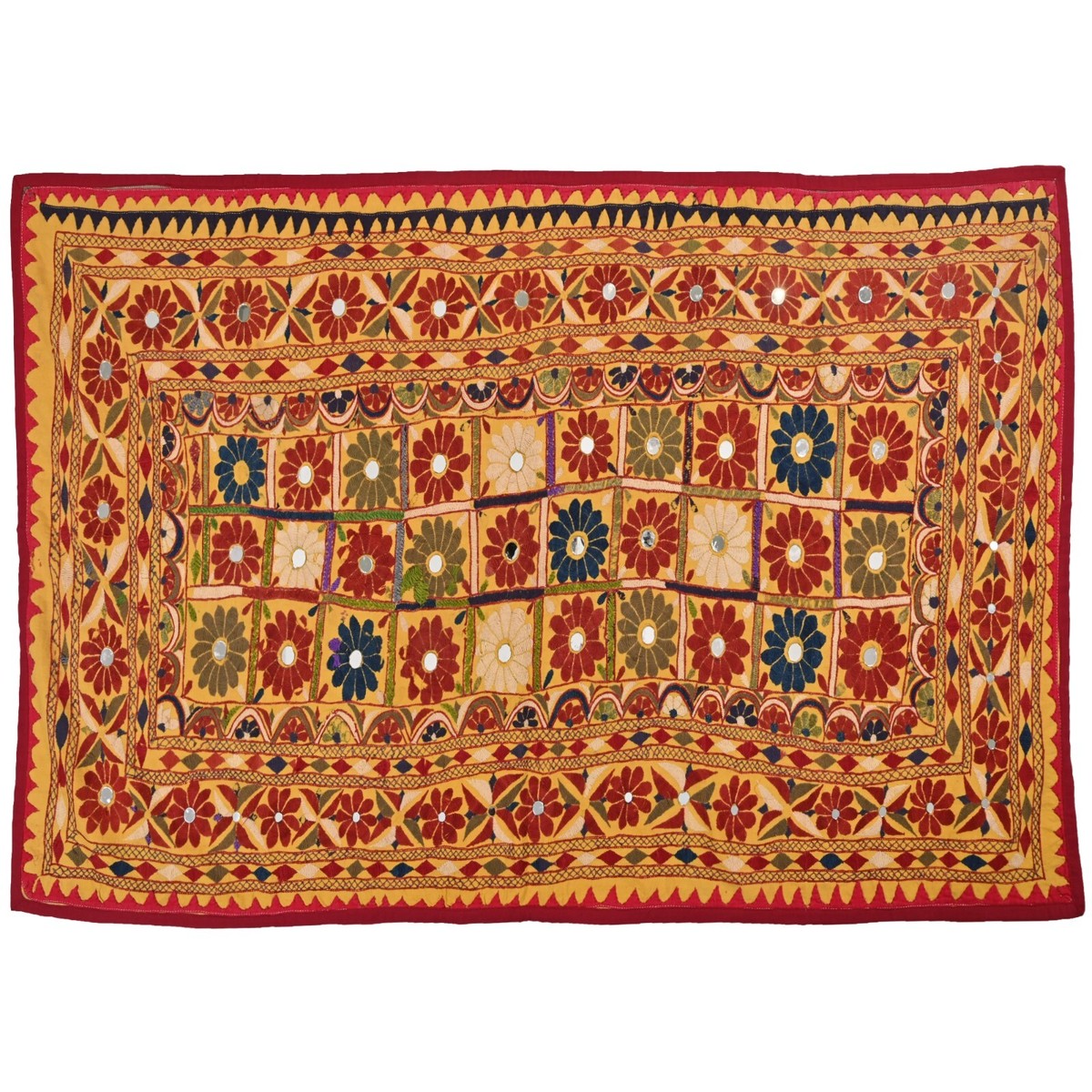 Vintage mirror work colorful floral motifs Gujarati textile art