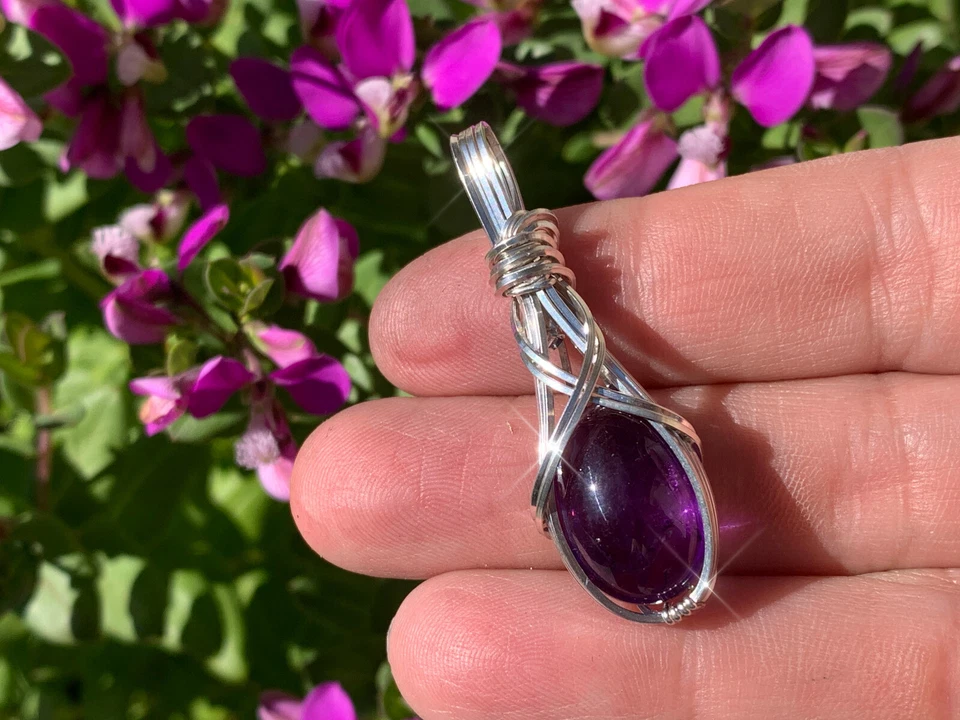 Amethyst Pendant Sterling Silver Purple -w/ Leather Necklace Jewelry S30 Z - Image 2 of 4