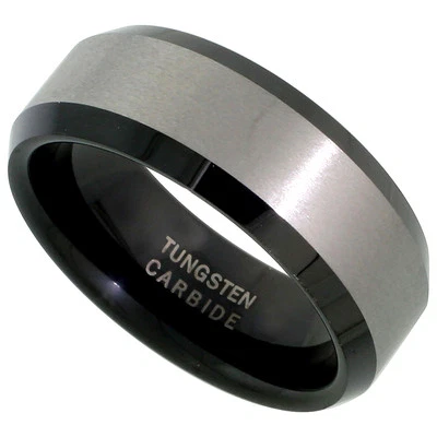 8mm Schwarz Wolfram Ehering Band Ring Gebürstet Fasen Komfort Passform - Bild 1 von 2