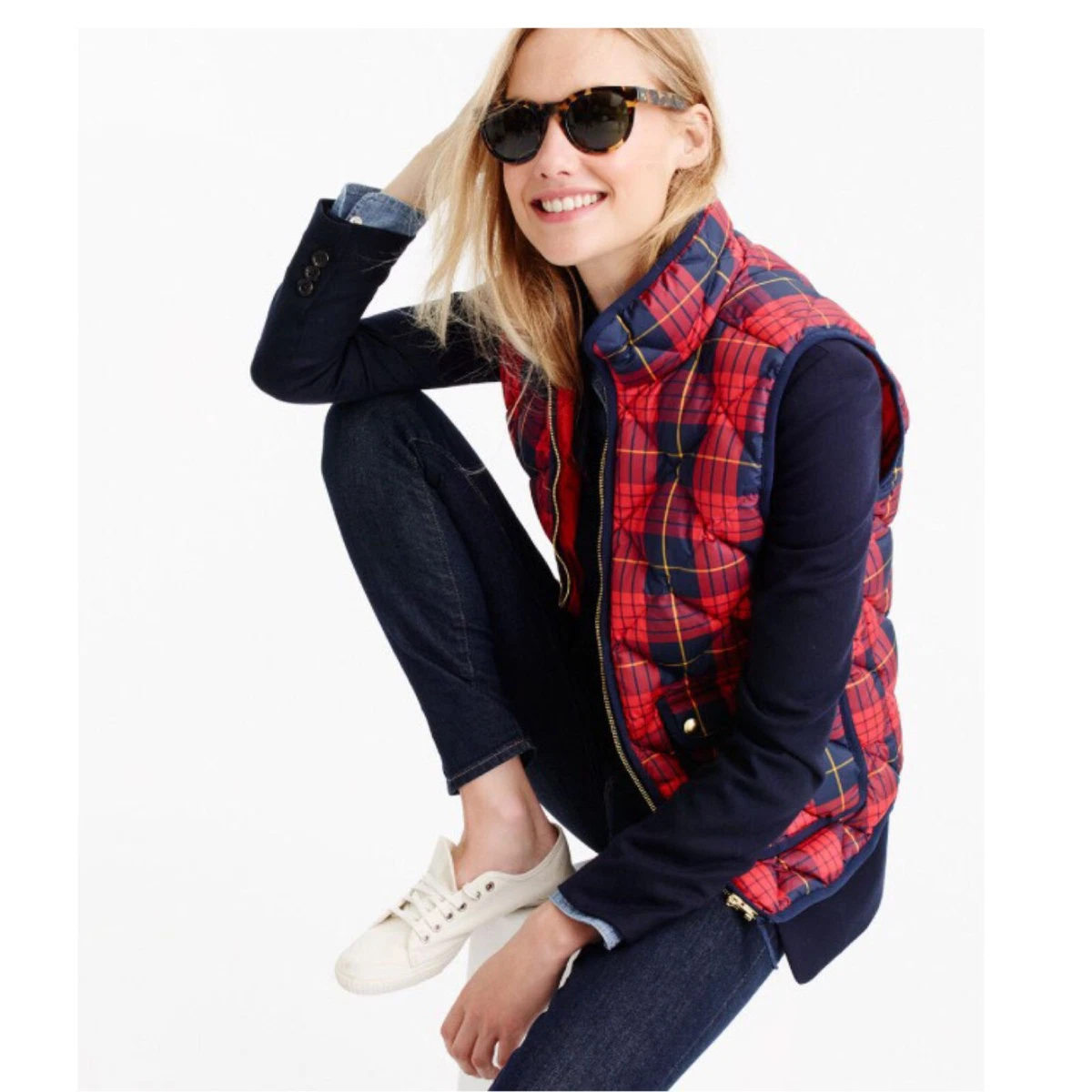J Crew Excursion Puffer Vest Tartan Plaid Red Navy F8419 NEW NWT