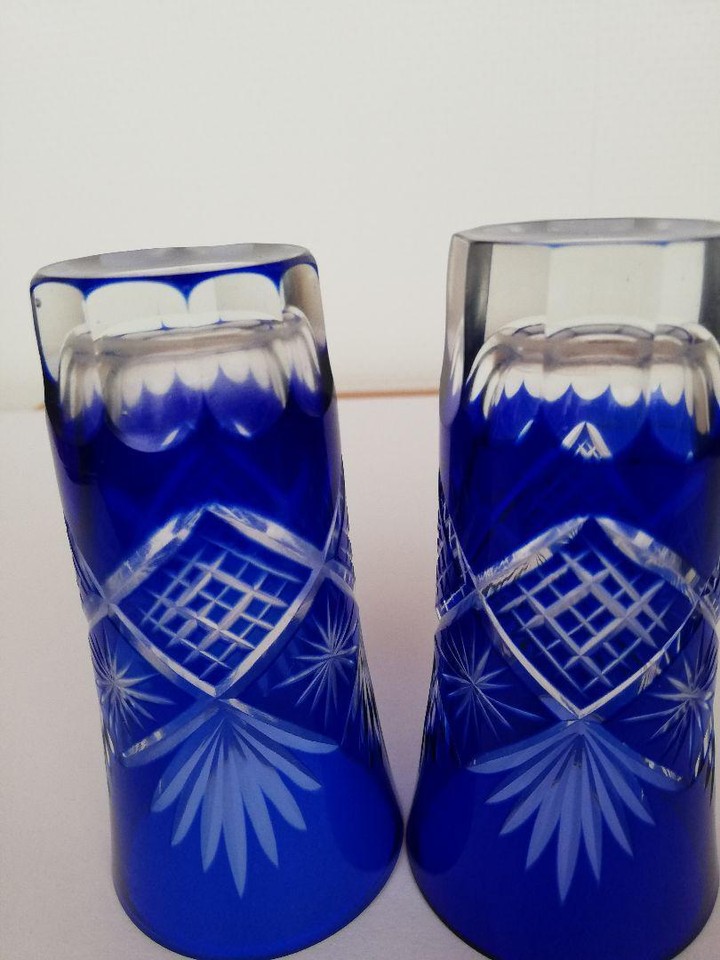 Edo Kiriko Sake Cup Set Of 5 Handmade Ruri Colored SingleSip Beer