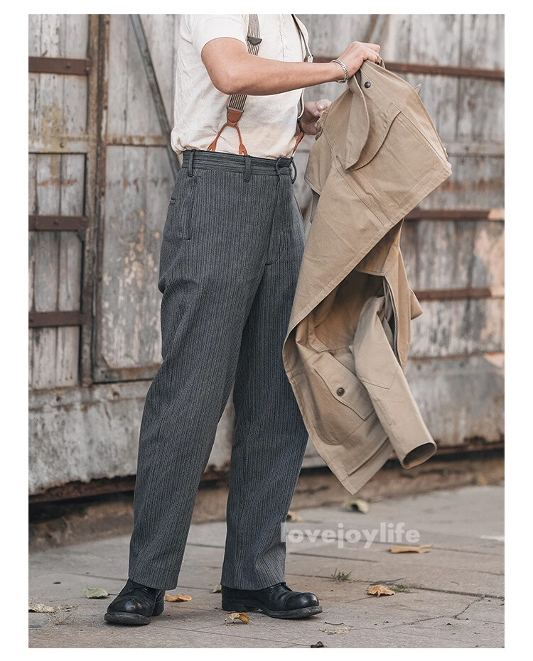 Bronson Vintage Black & Grey Striped Pants Men Suit Trousers Cotton Casual Pants - Picture 17 of 23