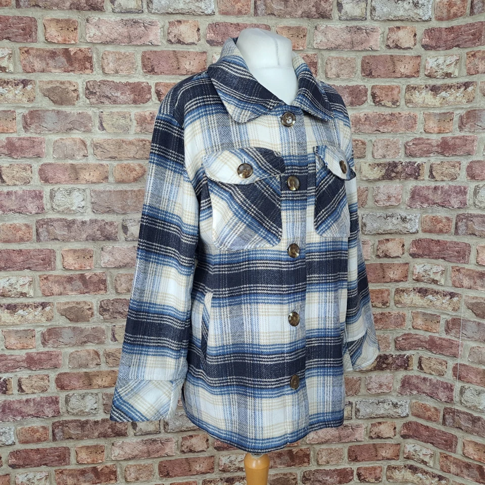 Camisa Kensie Shacket Franela Pesada Mujer Pequeña Suave Azul Crema Cuadros Talla Grande Foto 3 de 4