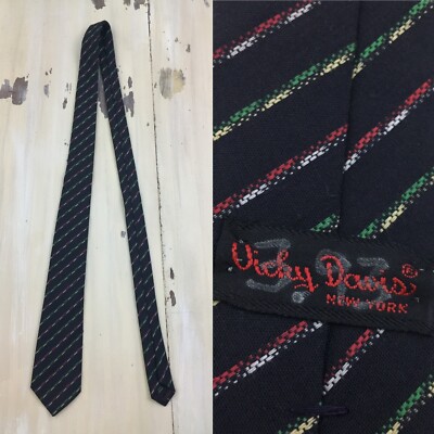 VICKY DAVIS - Vtg 60s Black Cotton Tie, Made In New York USA, Skinny 2.75  Wide