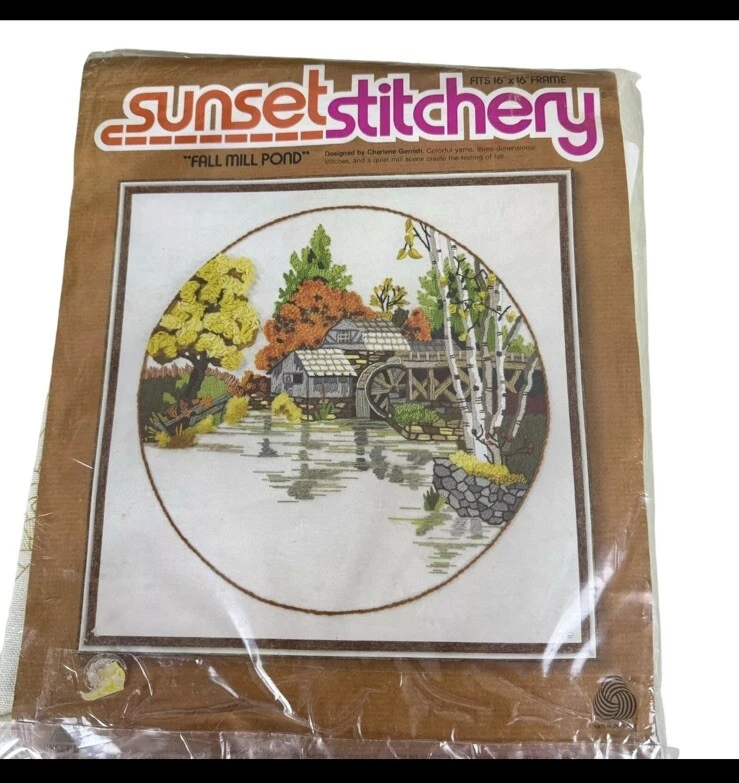 1978 Fall Mill Pond Crewel Embroidery Kit Sunset Stitchery 16x16 #2473 - Image 3 of 4