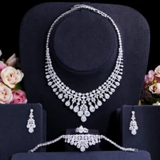 Long Tassel Drop Costume Necklace Earrings Bracelet Ring CZ Women Jewelry Set