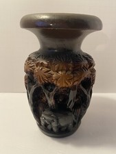 Hand Carved Incised Relief 3D Elephants Jungle Vase 8  Tall