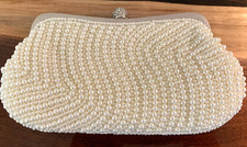 Ivory Faux Pearl Evening/Wedding/Party Clutch W/Rhinestone Clasp Satin Lining