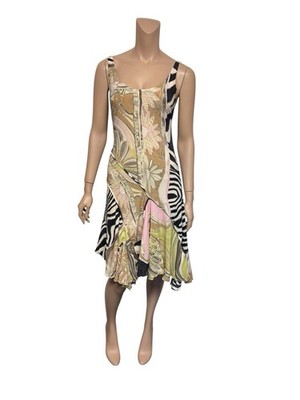 Vtg. Roberto Cavalli Floral Animal Print Silk Dress M
