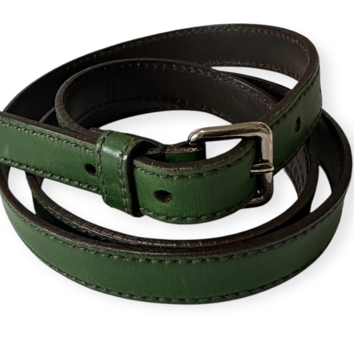 Prada Green Slim Leather Belt, Silver tone  buckle,  Size 90/36\