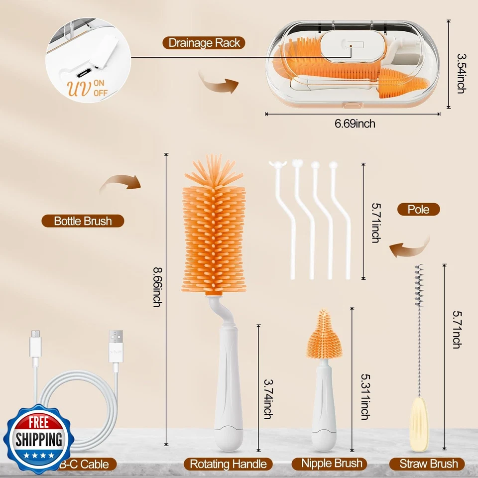 Conjunto de escova de mamadeira, kit de limpador de mamadeira de viagem com escova de mamadeira, luz UV, St - Imagem 4 de 4
