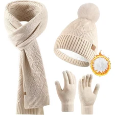 Women Winter Beanie Scarf Gloves Set 3 in 1 Fleece Lined Knit Hat with Pom Pom