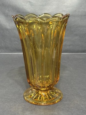 Vintage Anchor Hocking Fairfield Amber Honey Gold Pedestal Ruffled Glass Vase