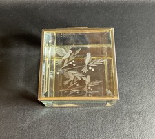 Etched Beveled Glass Trinket Jewelry Box Brass Hinged Lid Bird Floral Design