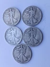 LOT OF 5 **SILVER** WALKING LIBERTY HALF DOLLARS  Circulated, 90%,   $2.50 Face