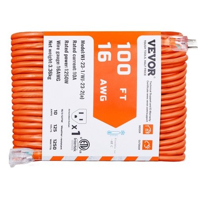 100FT Heavy Duty 16AWG Outdoor Extension Cord with Lighted End - 10A 1250W