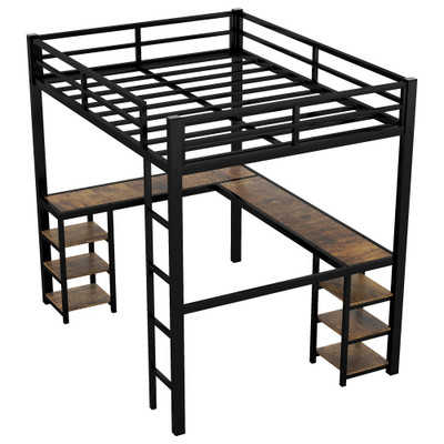 Full  Metal Loft Bed With Desk And Shelves