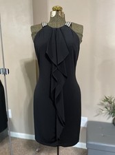 David Meister Black Halter Mini Cocktail Dress 12 Rhinestone Cascade Party EUC