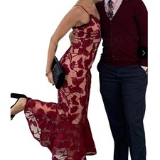 Worn ONCE Lulus Alluring Dream Floral Mesh Lace Trumpet MIDI Dress Burgundy SM