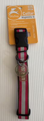 OllyDog DOG COLLAR Nightlife II MEDIUM 14 -22  Pink & Olive REFLECTIVE Nylon NWT