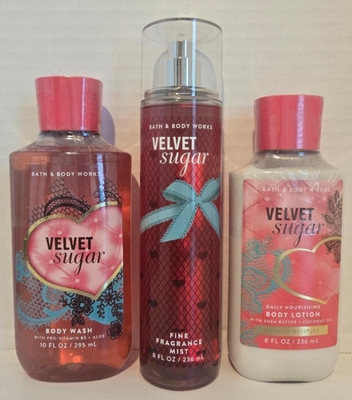 Bath & Body Works Velvet Sugar Fine Fragrance Mist, Body Lotion, Body Wash-3 Pc.