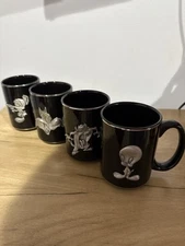 4 Looney Tunes Tweety Taz Sylvester Pewter Radcliffe Black Ceramic Mug Vtg 1996