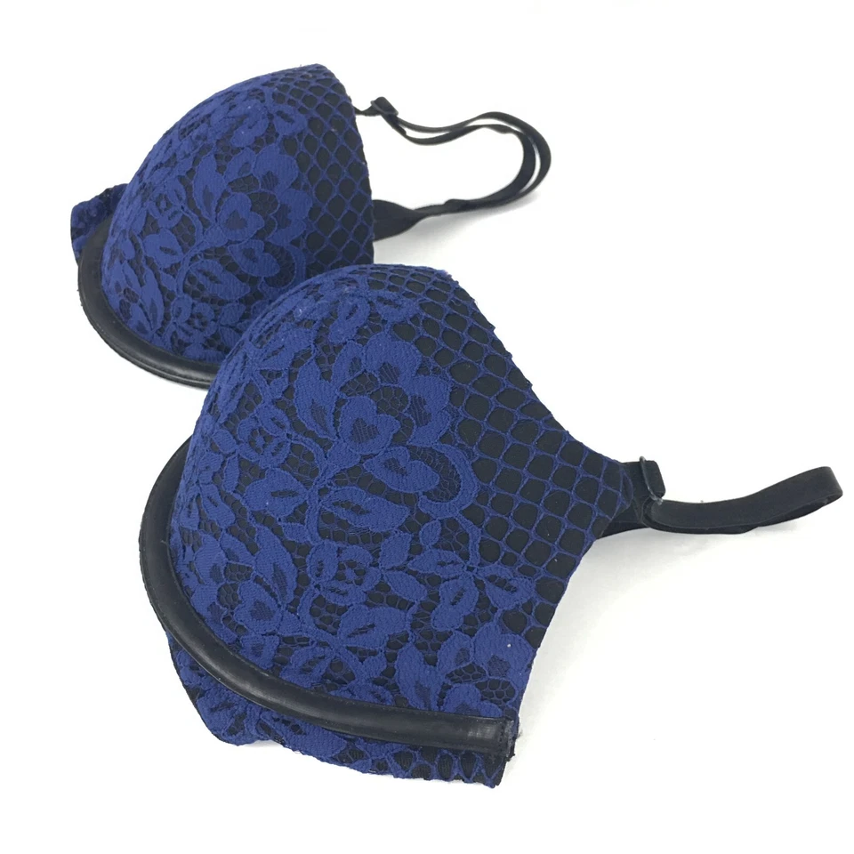 Y2K Victoria's Secret Very Sexy Balconet Push-Up Bra Black Blue Lace 32D - Image 3 of 4