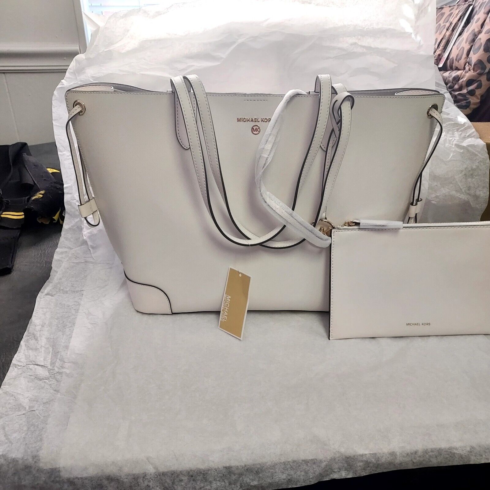 Michael Kors Edith Large Open Leather Tote Bag Optic White Detachable Pouch  New | eBay