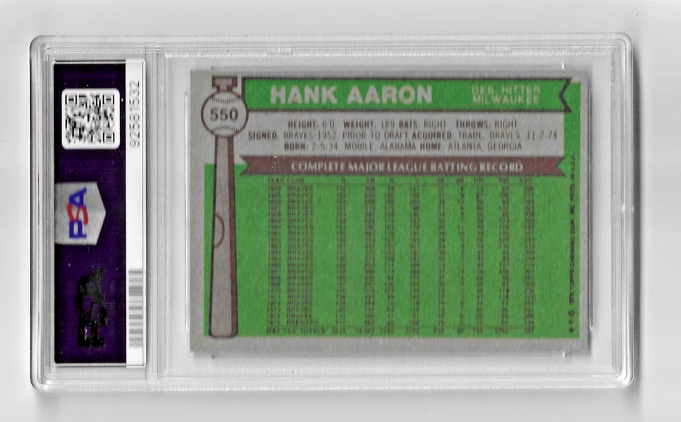 Tarjeta de béisbol 1976 Topps #550 Hof Hank Aaron PSA 8 NQ MLB Milwaukee Brewers Foto 4 de 4
