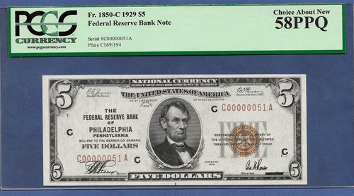 🇺🇸1929 $5 FRBN "PHILADELPHIA" W/LOW S.N.♚♚C00000051A♚♚ PCGS CH ABOUT NEW 58PPQ - Picture 2 of 3