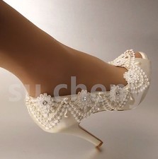 su.cheny 3" 4" Lace white ivory crystal pearl peep open toe Wedding Bridal shoes
