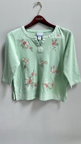 Alfred dunner green and pink floral bird top size M petite