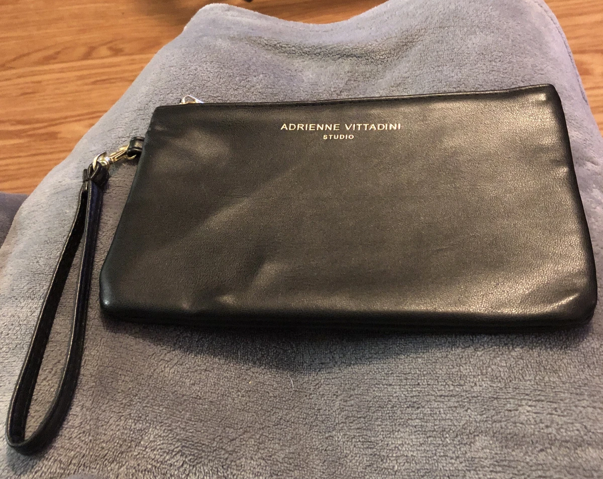 Adrienne Vittadini Studio Black Cosmetic Bag/Wristlet With Gold Logo