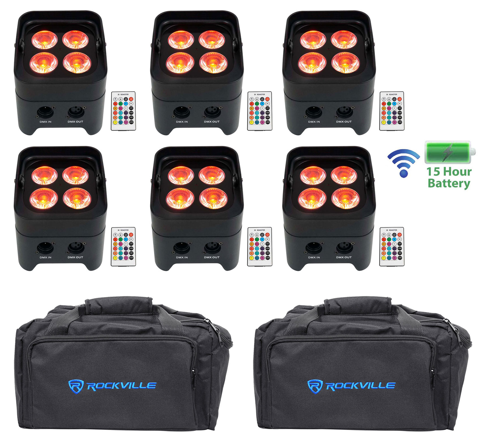 (6) Rockville BEST PAR 50 Перезаряжаемых прожекторов для мытья Par Wireless DMX + RGBWA + UV + Сумка