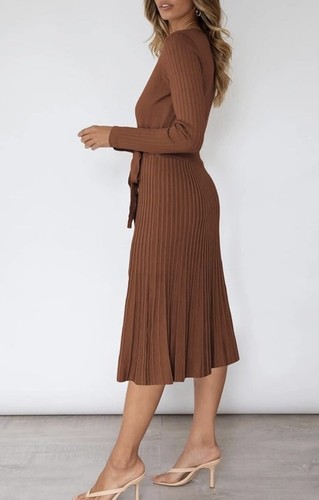Pink Queen Women's Wrap Sweater Dress V Neck Long Sleeve Ribbed Swing Knit Midi - Picture 3 of 7
