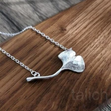 925 Sterling Silver Small Horizontal Ginkgo Leaf Pendant Necklace Unique Chic