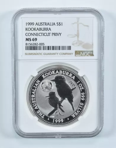 1999 Australia 1 Dollar Silver Kookaburra Connecticut Privy MS69 NGC