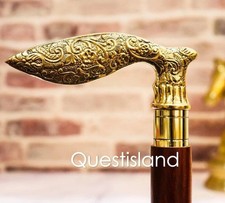 Antique Brass Victorian Handle Vintage Style Leaf Designer Wooden Walking Stick.