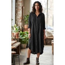 Urban Outfitters Black Crinkle Cotton Pintuck Frayed Hem Shirt Dress XS